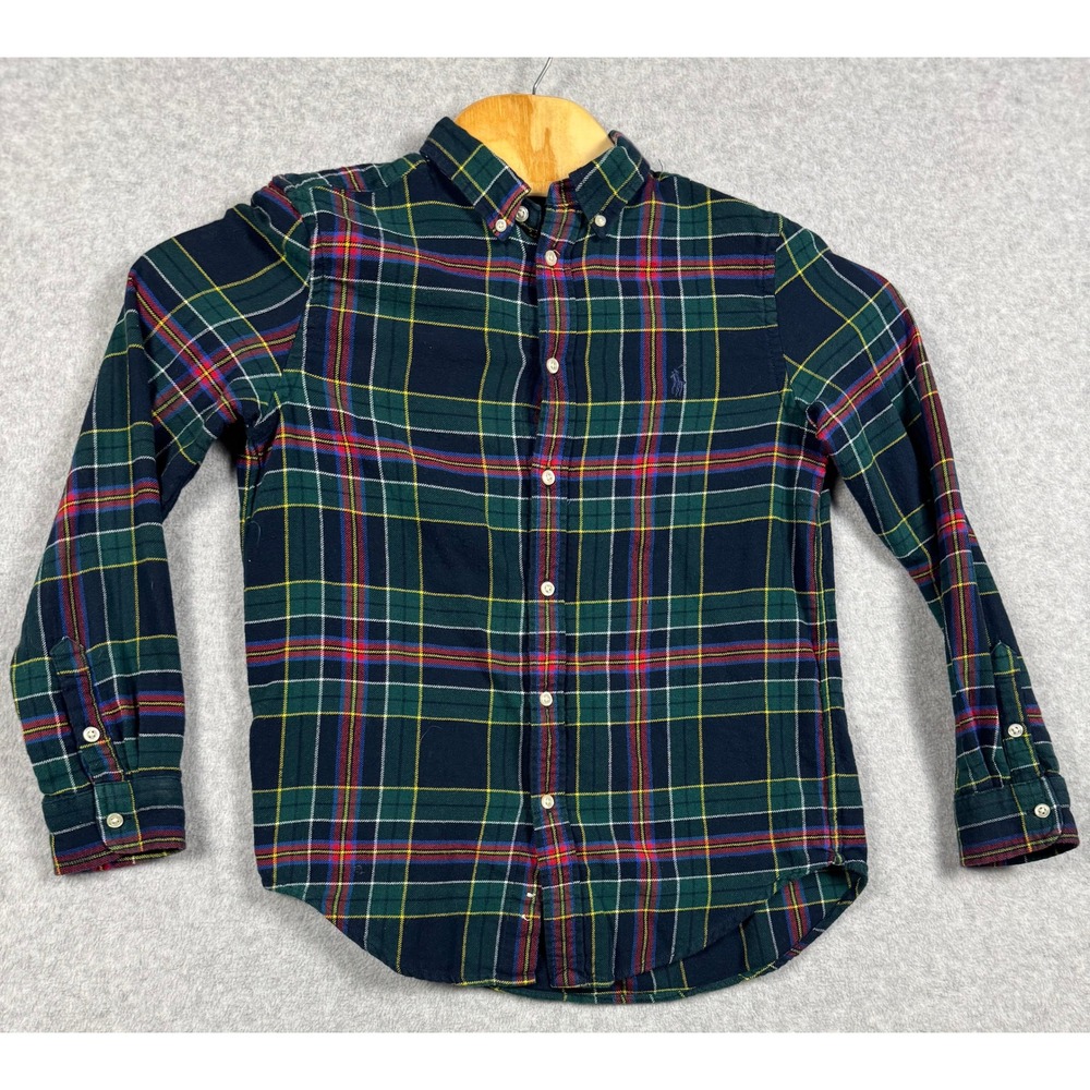 Ralph Lauren Flannel Shirt Boys L 14-16 Green Navy Long Sleeve